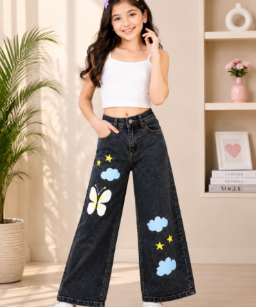 Kitty Fashion Trending and Comfortable Wild Leg Kids Jeans for Girls