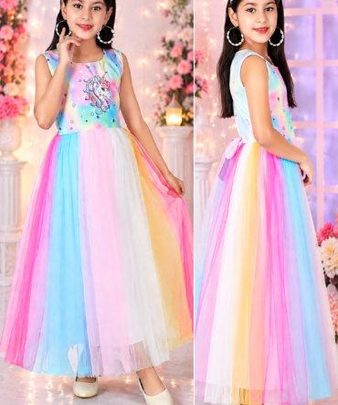Girls Unicorn Rainbow Printed Sleeveless Gown Dress | Pastel Party & Birthday Wear
