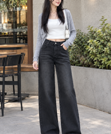 Women’s Black Wide-Leg Whisker spray Jeans crafted for a stylish, modern look. Featuring a high-rise fit, wide-leg silhouette, classic 5-pocket styling, and a versatile wash, these jeans are perfect for everyday casual and trendy outfits.